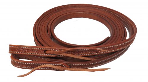 72018: Showman ® 5/8" x 8ft Argentina cow leather barbed wire tooled split reins Reins Showman