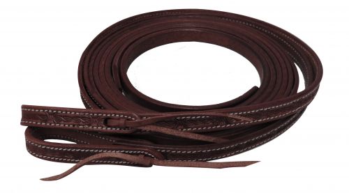 72018: Showman ® 5/8" x 8ft Argentina cow leather barbed wire tooled split reins Reins Showman