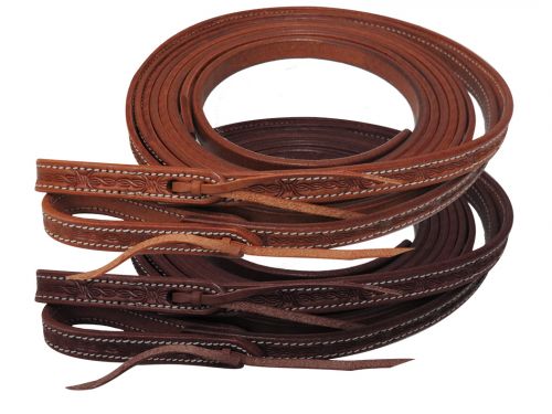 72018: Showman ® 5/8" x 8ft Argentina cow leather barbed wire tooled split reins Reins Showman