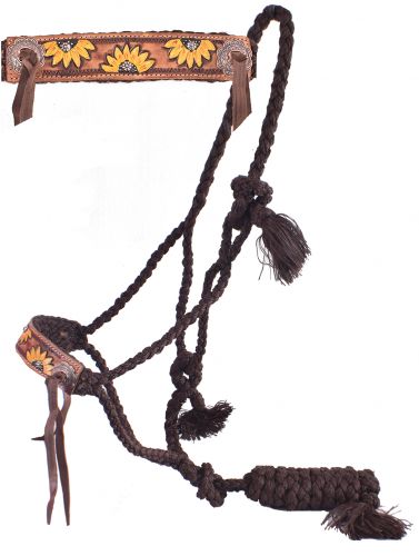 722749: Showman® Woven brown nylon mule tape halter with hand painted sunflower noseband Primary Showman
