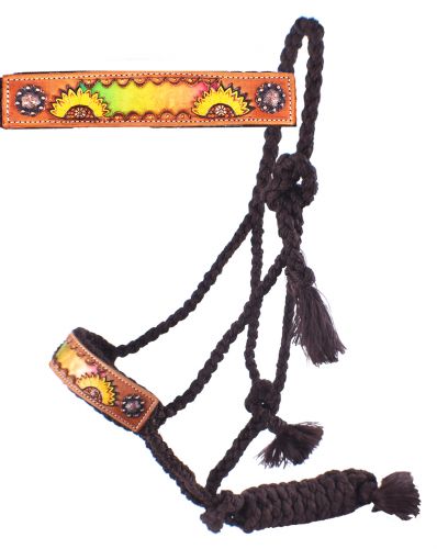 722750: Showman® Woven brown nylon mule tape halter with hand painted sunflower and multi colored Primary Showman