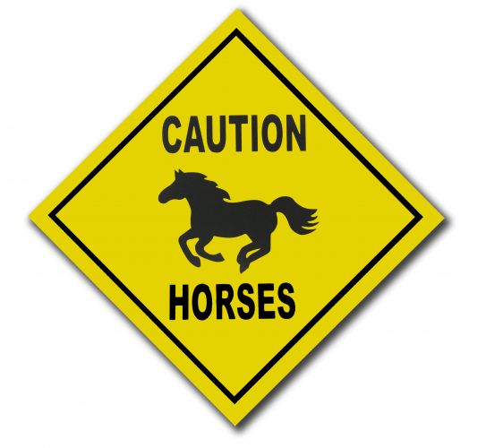72H7790: "CAUTION HORSES" Diamond shape yellow plastic caution sign with bold black lettering and Primary Showman Saddles and Tack