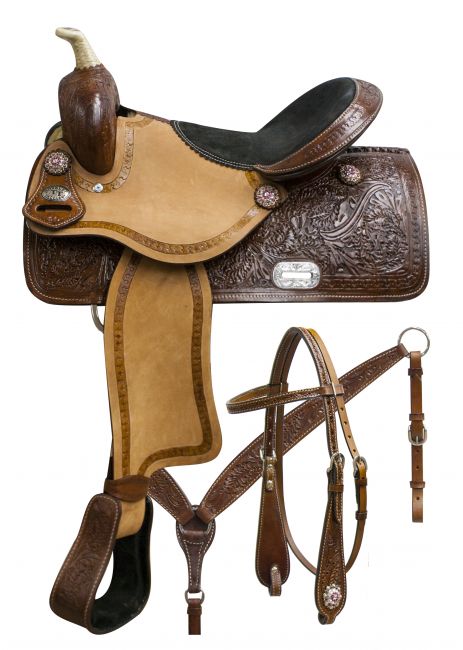 7657: 15", 16" Double T barrel saddle set with oak leaf tooling and pink crystal rhinestone concho Barrel Saddle Double T