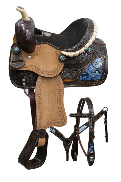 786310: 10" Double T pony saddle set with blue snake print inlays Youth Saddle Double T