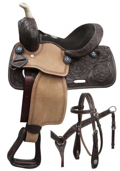 786510: 10" Double T pony saddle set with blue crystal rhinestones Youth Saddle Double T