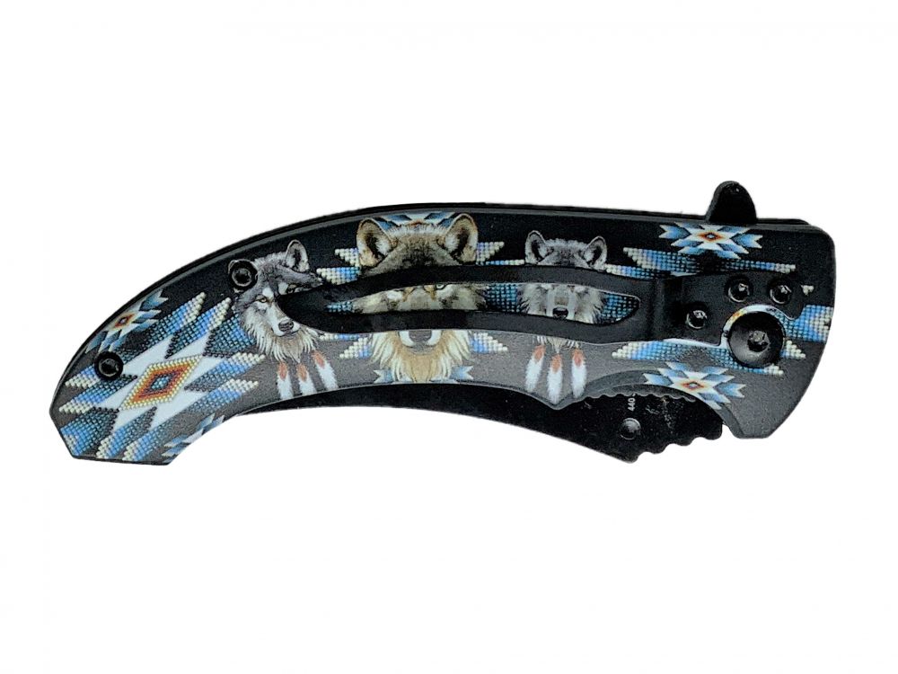8" Knife with blue Aztec pattern and wolves on handle Default Shiloh