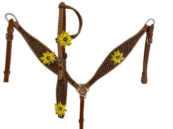 8007: Showman ® Hand Painted 3D Sunflower One Ear Headstall and Breast collar Set Headstall & Breast Collar Set Showman
