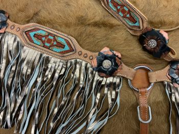 8009: Showman ® Painted 3D Flower & Aztec Beaded Browband Headstall and Breast collar Set with Fri Headstall & Breast Collar Set Showman