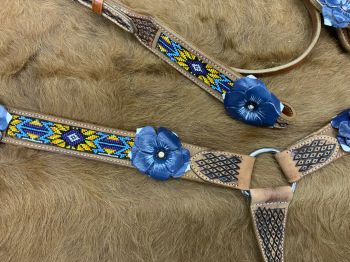 8010: Showman ® Aztec beaded Browband Headstall and Breast collar Set w/ 3D leather painted flower Headstall & Breast Collar Set Showman