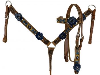 8010: Showman ® Aztec beaded Browband Headstall and Breast collar Set w/ 3D leather painted flower Headstall & Breast Collar Set Showman