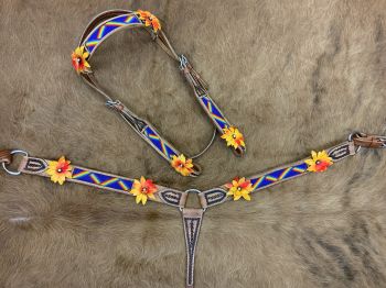 8011: Showman ® Rainbow beaded Browband Headstall and Breast collar Set w/ 3D leather painted flo Headstall & Breast Collar Set Showman