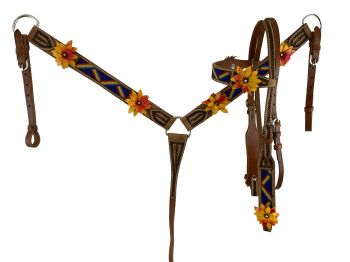 8011: Showman ® Rainbow beaded Browband Headstall and Breast collar Set w/ 3D leather painted flo Headstall & Breast Collar Set Showman