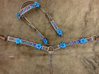 8012: Showman ® Aztec beaded Browband Headstall and Breast collar Set w/ 3D leather painted flower Headstall & Breast Collar Set Showman