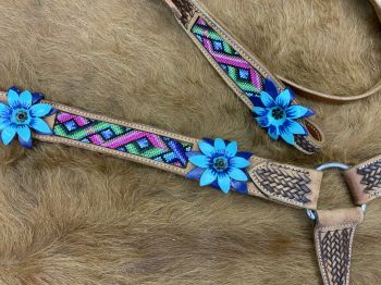 8012: Showman ® Aztec beaded Browband Headstall and Breast collar Set w/ 3D leather painted flower Headstall & Breast Collar Set Showman