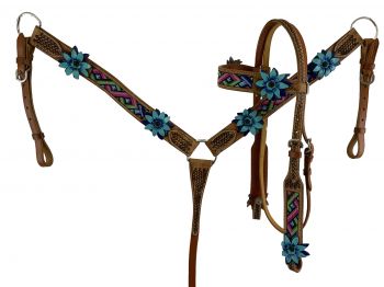 8012: Showman ® Aztec beaded Browband Headstall and Breast collar Set w/ 3D leather painted flower Headstall & Breast Collar Set Showman