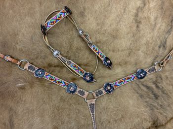 8013: Showman ® Aztec beaded Browband Headstall and Breast collar Set w/ 3D leather painted flower Headstall & Breast Collar Set Showman