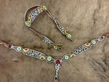8022: Showman ® Cheetah Browband headstall and breast collar set with sunflower conchos Headstall & Breast Collar Set Showman