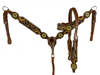 8022: Showman ® Cheetah Browband headstall and breast collar set with sunflower conchos Headstall & Breast Collar Set Showman