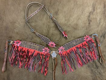 8023: Showman ® Hand Painted 3D Floral Accent Browband Headstall and Breast collar Set with Fringe Headstall & Breast Collar Set Showman