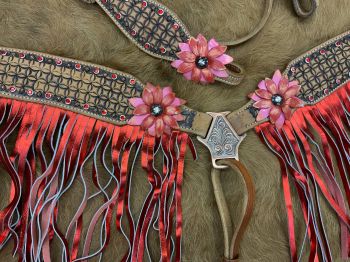 8023: Showman ® Hand Painted 3D Floral Accent Browband Headstall and Breast collar Set with Fringe Headstall & Breast Collar Set Showman