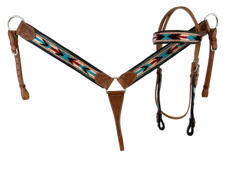 8027: Showman ® Browband Headstall & Breast collar set with wool southwest blanket inlay Headstall & Breast Collar Set Showman   