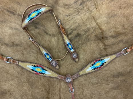 8029: Showman ® Browband Headstall & Breast collar set with wool southwest blanket inlay Headstall & Breast Collar Set Showman