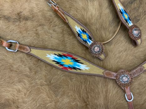 8029: Showman ® Browband Headstall & Breast collar set with wool southwest blanket inlay Headstall & Breast Collar Set Showman