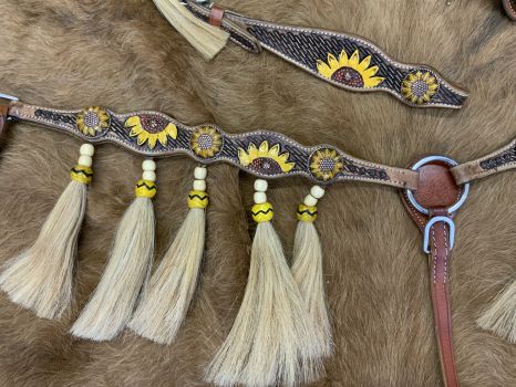8031: Showman™ Medium Oil Browband Headstall and Breast collar set with Painted Sunflower Design a Headstall & Breast Collar Set Showman