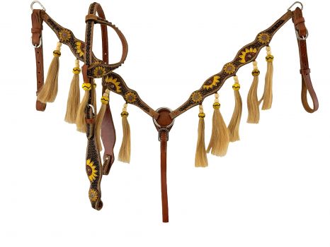 8031: Showman™ Medium Oil Browband Headstall and Breast collar set with Painted Sunflower Design a Headstall & Breast Collar Set Showman