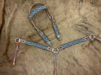 8036: Showman ® Browband beaded Browband Headstall and Breast collar Set w/ rawhide leather accent Headstall & Breast Collar Set Showman