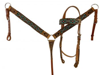 8036: Showman ® Browband beaded Browband Headstall and Breast collar Set w/ rawhide leather accent Headstall & Breast Collar Set Showman