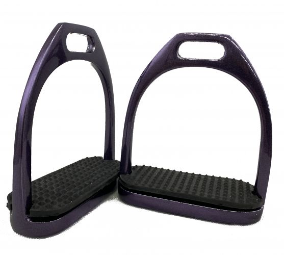 8087: Showman ® 4-1/2" stainless steel glitter coated English irons with black rubber tread Stirrups Showman Purple