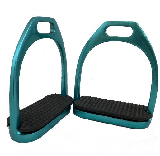 8087: Showman ® 4-1/2" stainless steel glitter coated English irons with black rubber tread Stirrups Showman Teal