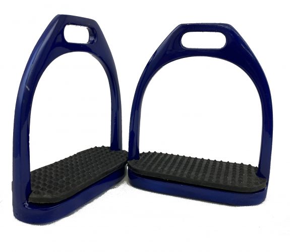 8087: Showman ® 4-1/2" stainless steel glitter coated English irons with black rubber tread Stirrups Showman Navy