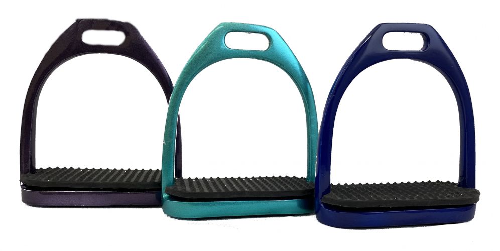 8087: Showman ® 4-1/2" stainless steel glitter coated English irons with black rubber tread Stirrups Showman Assorted