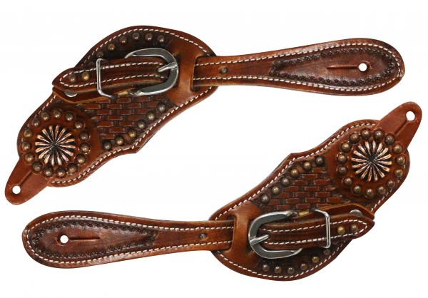 9089: Showman ® Youth size basket weave tooled spur straps with copper accents Spur Straps Showman