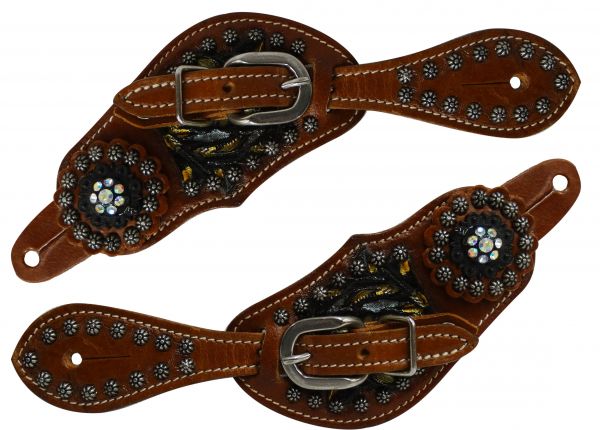 9092-Y: Showman ® Youth size painted floral tooled spur straps with crystal conchos Spur Straps Showman