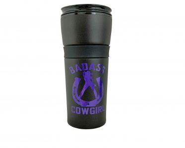 912: 16 oz Black Coated Stainless w/Purple Bad Ass Cowgirl Logo Primary Showman Saddles and Tack