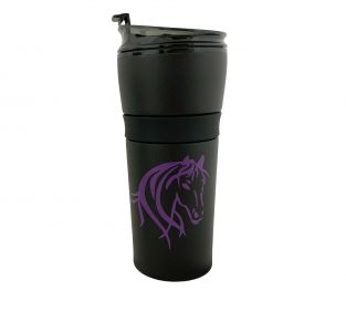 913: 16 oz Black Coated Black tumbler with Purple Horse Head Tumbler Showman Saddles and Tack