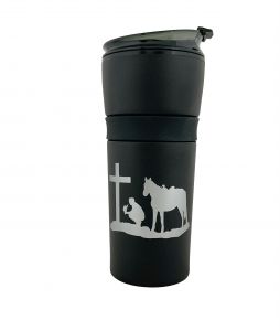 916: 16 oz Black Coated Black tumbler with Silver Praying Cowboy Tumbler Showman Saddles and Tack