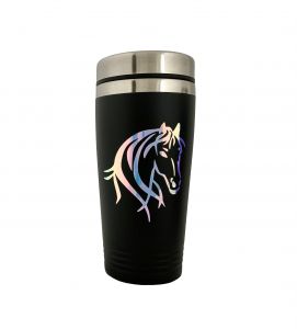 923: 16oz Stainless Steel Black coated tumbler w/ Iridescent Horse Head Tumbler Showman Saddles and Tack