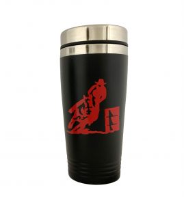 925: 16oz Stainless Steel Black coated tumbler w/ Red Barrel Racer Tumbler Showman Saddles and Tack