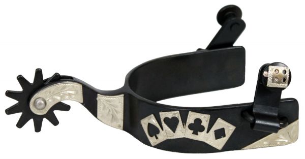 95003: Showman™ men's size black steel silver show spur with silver 4 card design with cutouts Western Spurs Showman