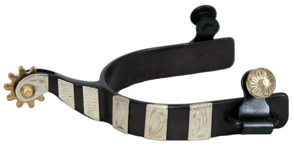 95050: Showman™ black steel spur with silver engraved bar design Western Spurs Showman