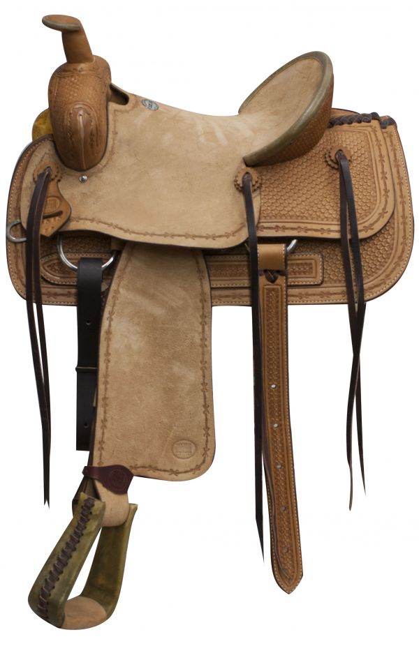 9601016: 16" Blue River roper saddle rough out leather and basketweave tooling Roping Saddle Blue River