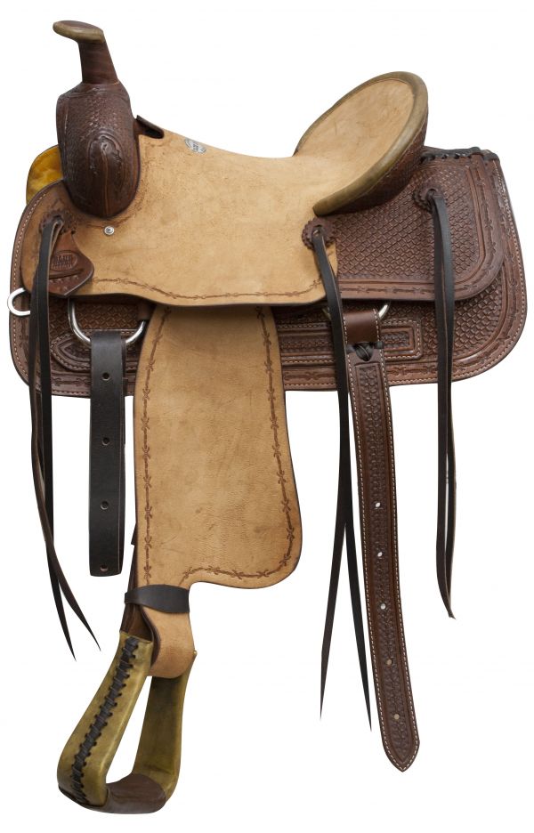 9601016: 16" Blue River roper saddle rough out leather and basketweave tooling Roping Saddle Blue River