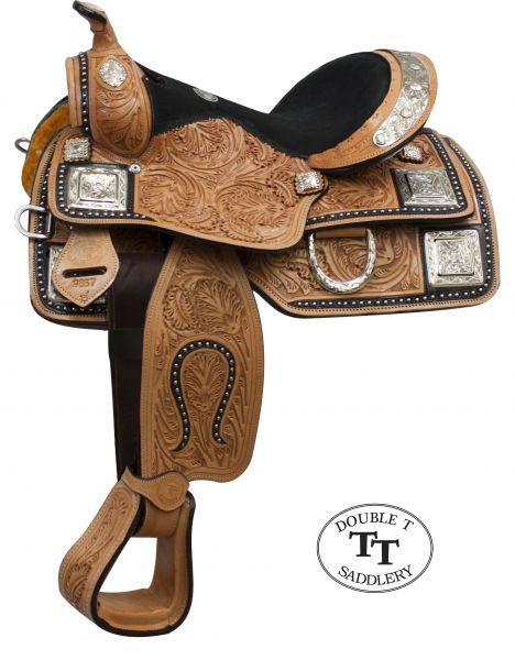 965712: 12" Double T fully tooled Youth / Pony show saddle with silver Youth Saddle Double T