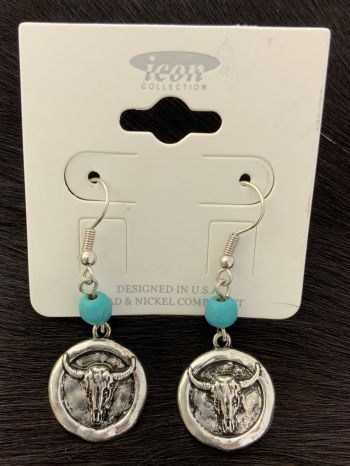 AE3925SBTQ: Round silver earring w/ steer head and turquoise accent Primary Showman Saddles and Tack