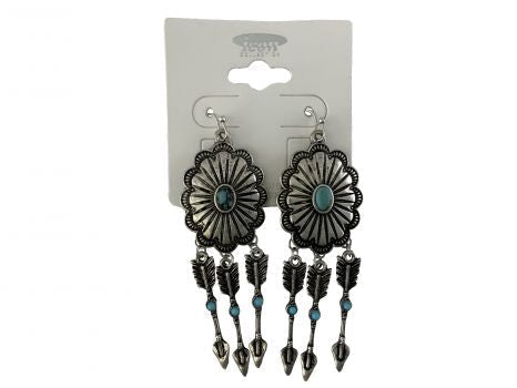 AE4358-SBTQ: Round concho earring with turquoise and arrow dangles Primary Showman Saddles and Tack