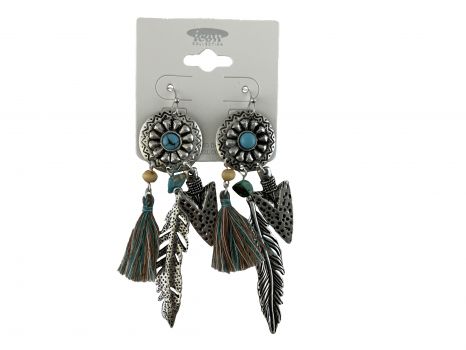 AE4359-SBTQ: Round concho earring with feather and tassels Primary Showman Saddles and Tack